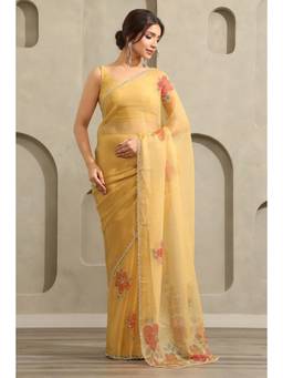 Soch - Women Mustard Floral Organza Saree with Unstitched Blouse