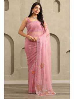 Soch - Women Pink Floral Organza Saree with Unstitched Blouse