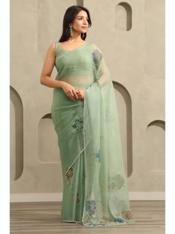 Soch - Women Green Floral Organza Saree with Unstitched Blouse