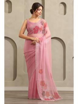 Soch - Women Pink Floral Organza Saree with Unstitched Blouse