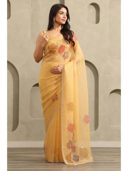 Soch - Women Mustard Floral Organza Saree with Unstitched Blouse