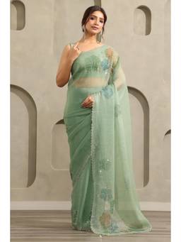 Soch - Women Green Floral Organza Saree with Unstitched Blouse