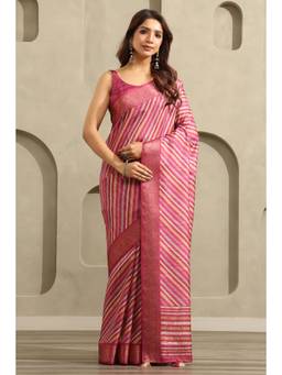 Soch - Women Pink Stripes Viscose Saree with Unstitched Blouse