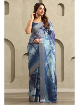 Soch - Women Blue Woven Viscose Saree with Unstitched Blouse