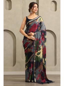 Soch - Women Navy Blue Woven Chinon Saree with Unstitched Blouse