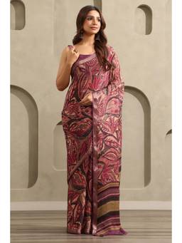 Soch - Women Wine Woven Chinon Saree with Unstitched Blouse