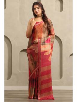 Soch - Women Maroon Woven Chinon Saree with Unstitched Blouse