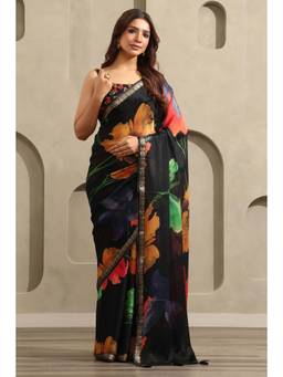 Soch - Women Black Woven Chinon Saree with Unstitched Blouse