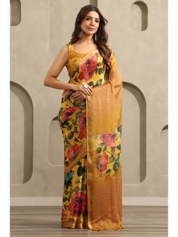 Soch - Women Mustard Woven Chinon Saree with Unstitched Blouse