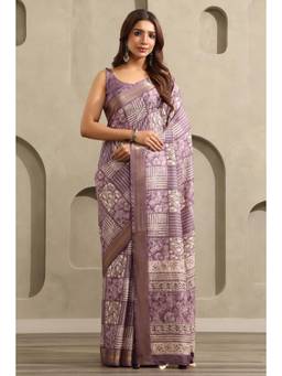 Soch - Women Purple Printed Tussar Saree with Unstitched Blouse