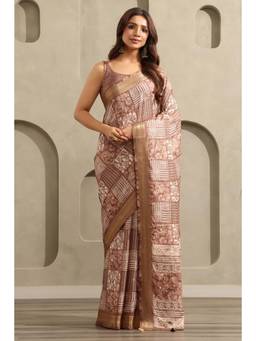 Soch - Women Brown Printed Tussar Saree with Unstitched Blouse