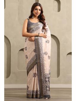 Soch - Women Grey Printed Tussar Saree with Unstitched Blouse