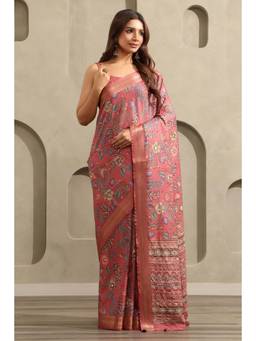 Soch - Women Rust Printed Tussar Saree with Unstitched Blouse