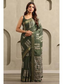 Soch - Women Green Printed Tussar Saree with Unstitched Blouse
