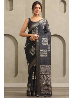 Soch - Women Charcoal Printed Tussar Saree with Unstitched Blouse