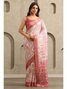 Soch - Women Pink Printed Tussar Saree with Unstitched Blouse