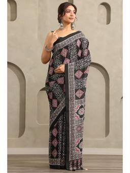 Soch - Women Black Printed Crepe Saree with Unstitched Blouse