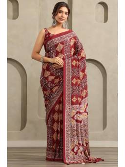 Soch - Women Maroon Printed Crepe Saree with Unstitched Blouse