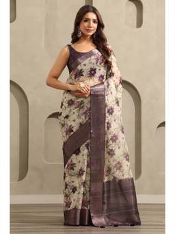 Soch - Women Beige Floral Organza Saree with Unstitched Blouse