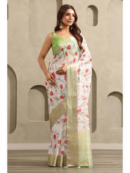 Soch - Women Cream Printed Organza Saree with Unstitched Blouse