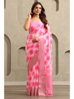 Soch - Women Pink Woven Organza Saree with Unstitched Blouse