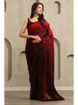 Soch - Women Maroon Floral Organza Saree with Unstitched Blouse