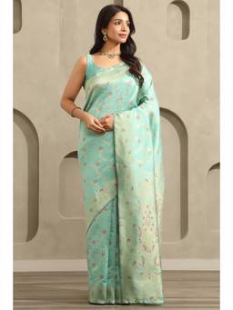 Soch - Women Blue Woven Art Silk Saree with Unstitched Blouse