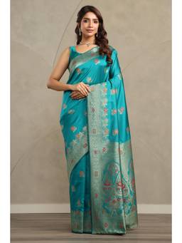 Soch - Women Teal Woven Art Silk Saree with Unstitched Blouse