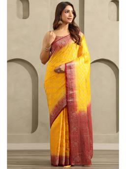 Soch - Women Yellow Woven Silk Blend Saree with Unstitched Blouse