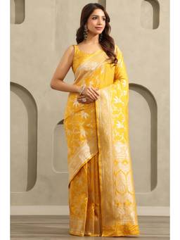 Soch - Women Yellow Woven Silk Blend Saree with Unstitched Blouse