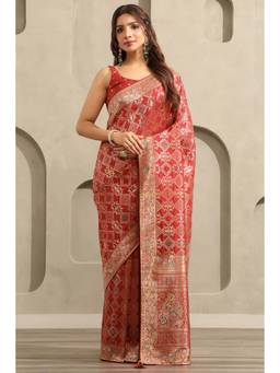 Soch - Women Maroon Woven Silk Blend Saree with Unstitched Blouse