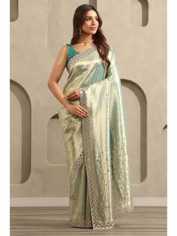Soch - Women Teal Printed Tissue Saree with Unstitched Blouse