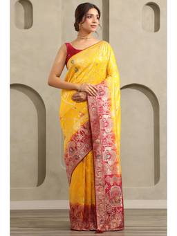 Soch - Women Yellow Woven Silk Blend Saree with Unstitched Blouse
