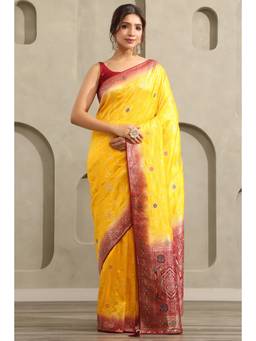 Soch - Women Yellow Woven Silk Blend Saree with Unstitched Blouse