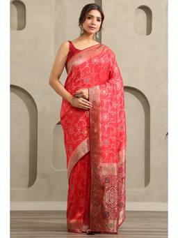 Soch - Women Red Woven Silk Blend Saree with Unstitched Blouse