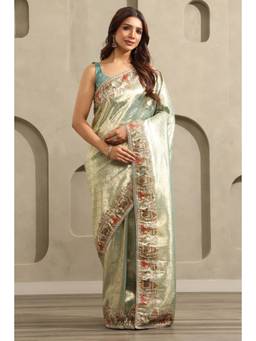 Soch - Women Green Printed Tissue Saree with Unstitched Blouse