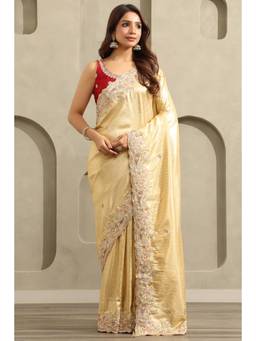 Soch - Women Beige Embellished/Sequined Viscose Blend Saree with Unstitched Blouse