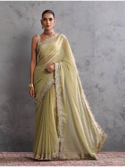 trueBrowns - Women Green Embroidered Tissue Saree with Unstitched Blouse
