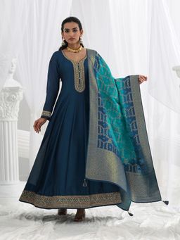 Libas - Navy Blue Floral Embroidered A-Line Kurta and Dupatta