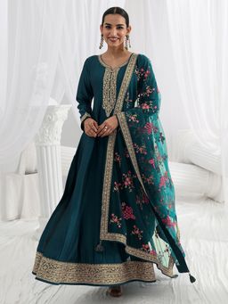 Libas - Navy Floral Zari Embroidery A-Line Gown with Lining and with Net Embroidery Dupatta