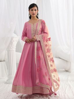 Libas - Pink Floral Zari Embroidered Kurta and Dupatta
