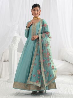 Libas - Blue Floral Zari Embroidered A-Line Gown with Lining and with Net Embroidered Dupatta
