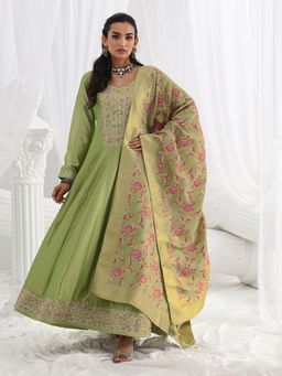 Libas - Green Floral Zari Embroidered A-Line Gown with Lining and with Woven Design Dupatta