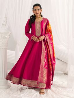 Libas - Pink Floral Zari Embroidered A-Line Gown with Lining and with Woven Design Dupatta