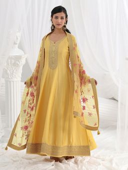 Libas - Yellow Floral Zari Embroidered Kurta and Dupatta