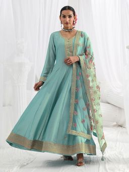Libas - Blue Floral Zari Embroidered A-Line Gown with Lining and Pocket and with Net Dupatta