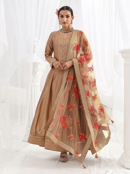 Libas - Beige Floral Zari Embroidered A-Line Gown with Lining and Pocket and with Net Dupatta