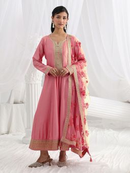 Libas - Pink Floral Zari Embroidered A-Line Gown with Lining and Pocket and with Net Dupatta