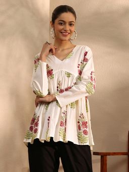 Libas - White Floral Printed Anarkali Style Tunic