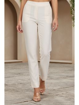 Aurelia - Women's Cream Solid Straight Fit Ankle Length Pant